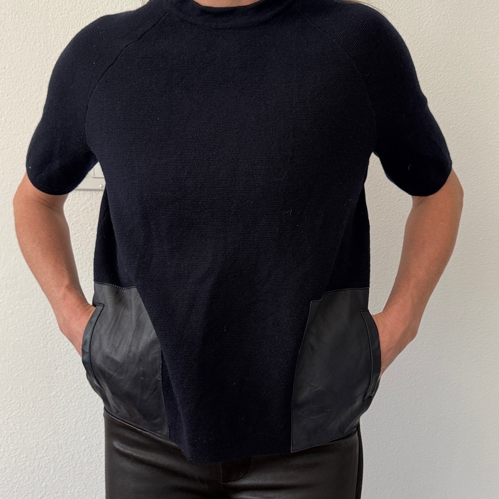 J.Crew Short Sleeve Navy Merino Wool Sweater with Faux Leather Pocket Accents
